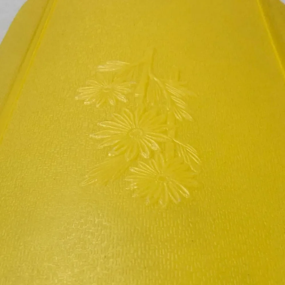 Vintage Yellow Embossed Floral Footed Wastebasket 1970s Small Trash Can 13